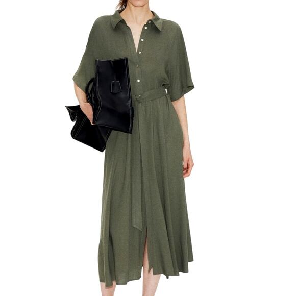 H&M Women's Medium Green Short Sleeve Tie-Belt Collar Button Up Midi Shirt Dress - Picture 1 of 6